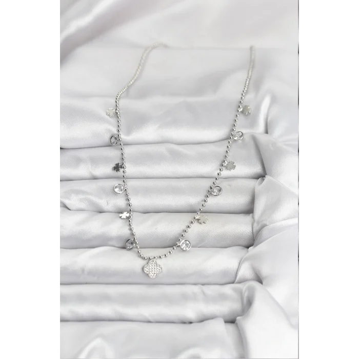 Pirinç Gümüş Renk Yonca Model Kadın Kolye