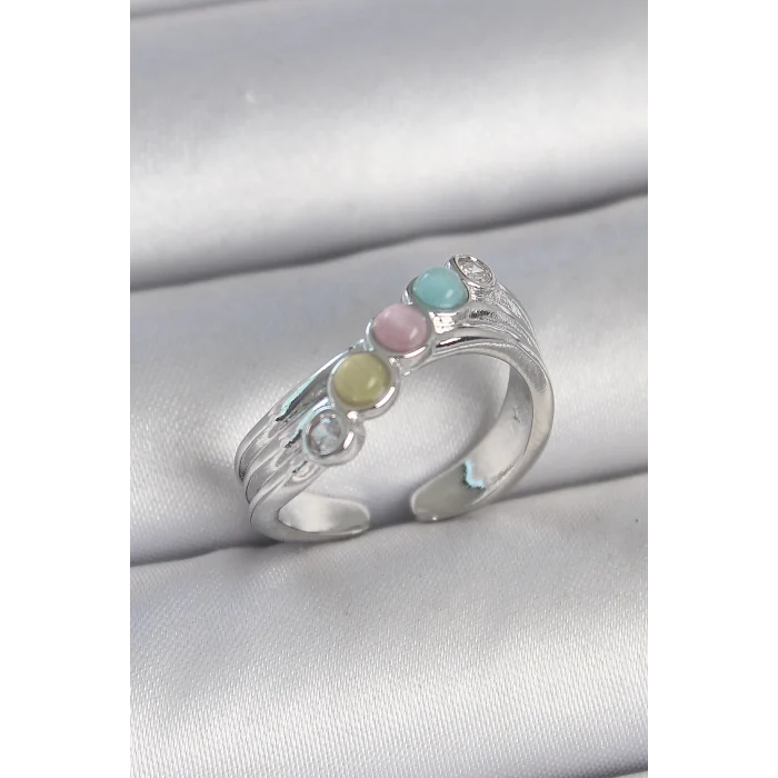 Pirinç Gümüş Renk Zirkon Taş Detaylı Renkli Mineli Ayarlanabilir Kadın Yüzük