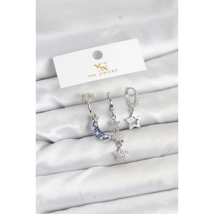 Pirinç Gümüş Renk Zirkon Taşlı Ay ve Yıldız Model YSX Trio Küpe Seti