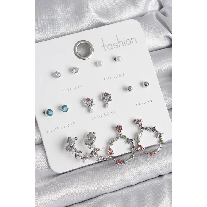 Pirinç Gümüş Renk Zirkon Taşlı Gül Figür Halka Model 7 Çift Kadın Küpe Seti