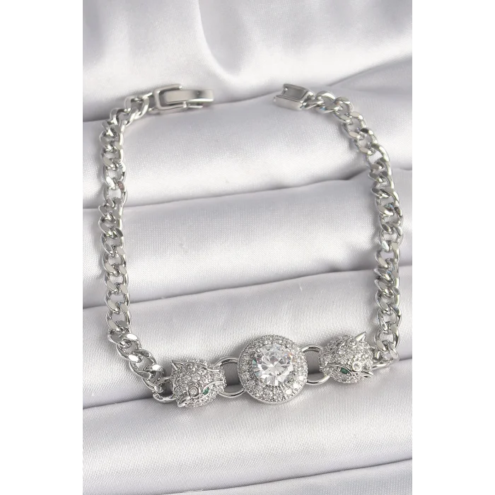 Pirinç Gümüş Renk Zirkon Taşlı Leopar Figür Zincir Model Kadın Bileklik