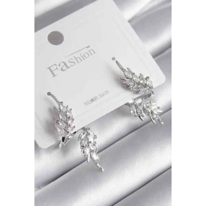 Pirinç Gümüş Renk Zirkon Taşlı Yaprak Model Kadın Küpe