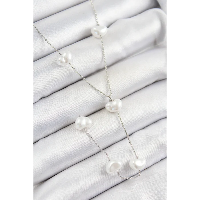 Pirinç İncili Kalp Figürlü Y Model Gümüş Renk Kadın Kolye