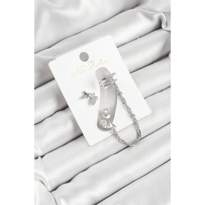 Pirinç Kelebek Figürlü Zirkon Taşlı Gümüş Renk 3lü Kıkırdak Kadın Küpe Set