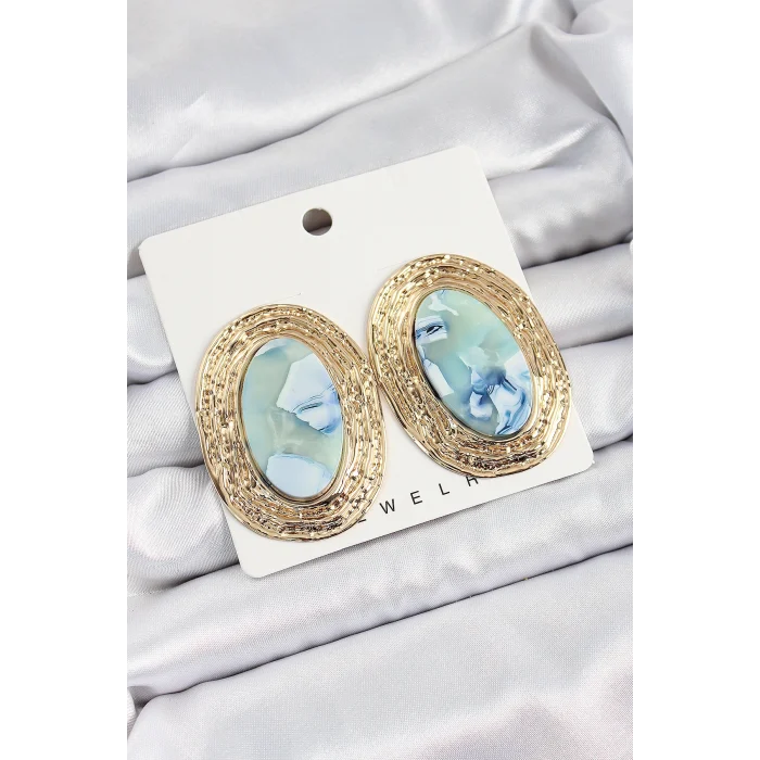 Pirinç Mermer Desenlli Mavi Sedef Oval Vintage Model Gold Renk Kadın Küpe