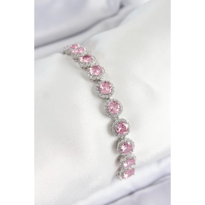 Pirinç Pembe Zirkon Taşlı Daire Baget Model Gümüş Renk VIP Seri Kadın Bileklik