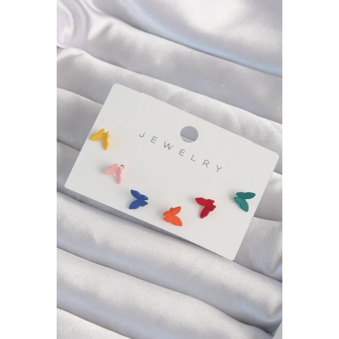 Pirinç Rengarenk Mineli Minimal Kelebek Küpe Seti