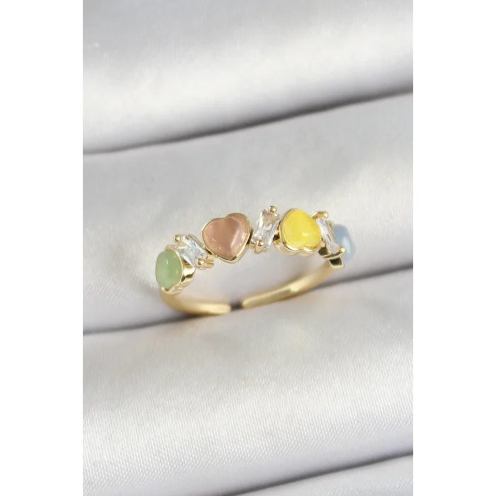 Pirinç Sıralı Kalp Figürlü Zirkon Taşlı Gold Renk Ayarlanabilir Kadın Yüzük