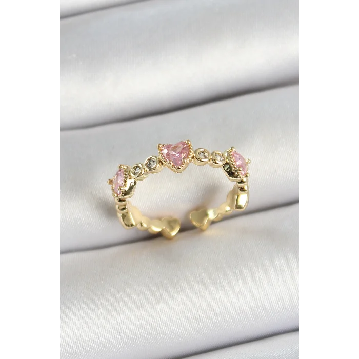 Pirinç Sıralı Kalp Figürlü Zirkon Taşlı Gold Renk Ayarlanabilir Kadın Yüzük