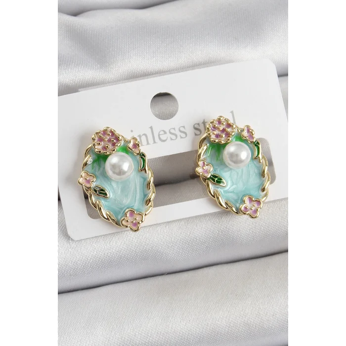 Pirinç Yeşil Mineli İnci Detaylı Sanatsal Portre Model Gold Renk Kadın Küpe