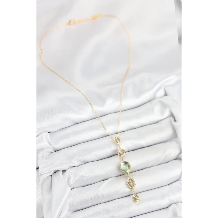Pirinç Zincir Yeşil Gold Renk Zirkon Taşlı Y Kolye