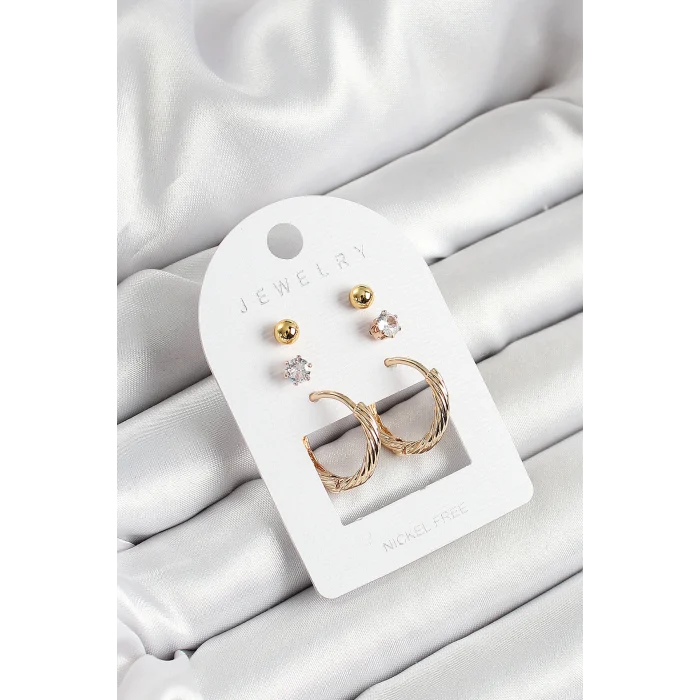 Pirinç Zirkon Taş Ve Halka Figürlü Gold Renk 3lü Çift Kadın Küpe Set