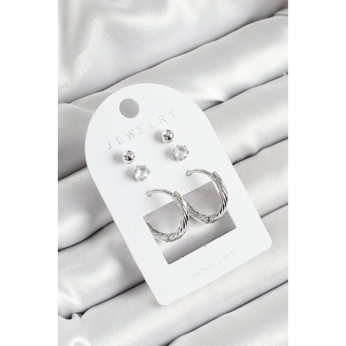 Pirinç Zirkon Taş Ve Halka Figürlü Gümüş Renk 3lü Çift Kadın Küpe Set
