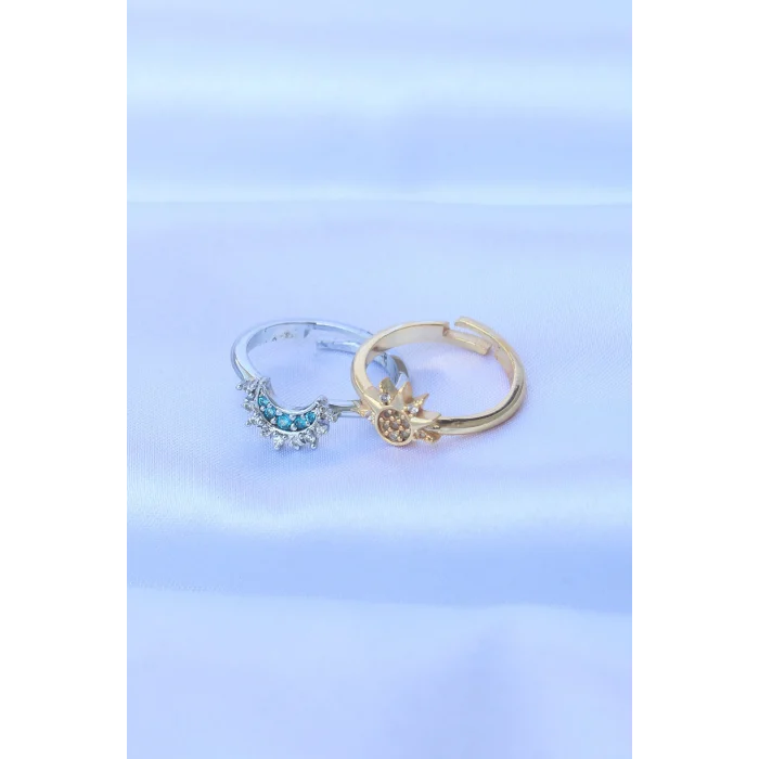 Pirinç Zirkon Taşlı 2li Ayarlanabilir Arkadaş Yüzüğü