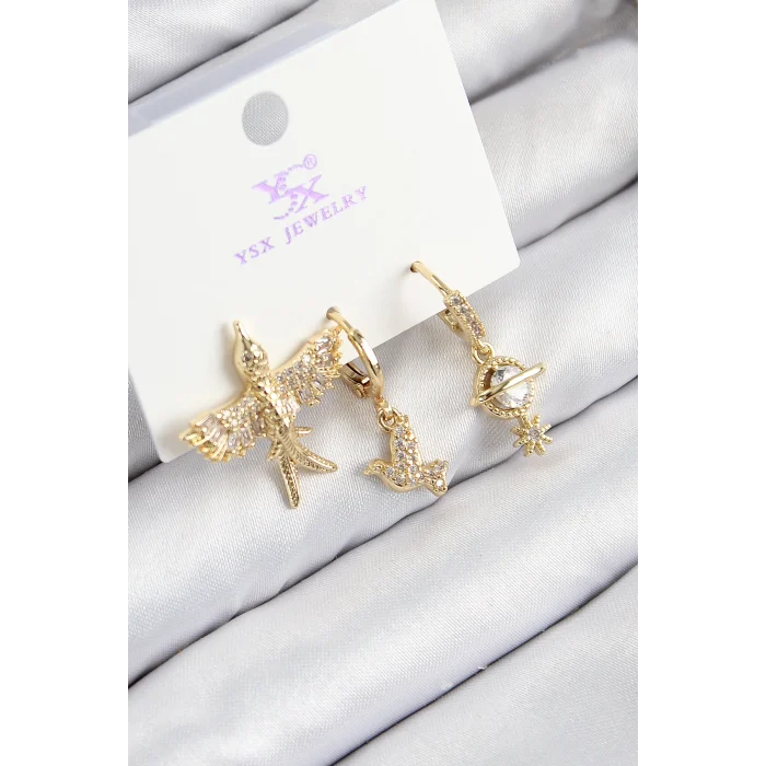 Pirinç Zirkon Taşlı 3lü Kuş Model Gold Renk Kadın Küpe