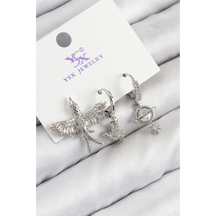 Pirinç Zirkon Taşlı 3lü Kuş Model Gümüş Renk Kadın Küpe