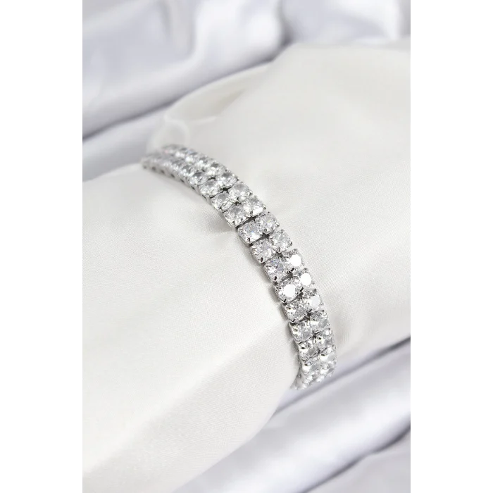 Pirinç Zirkon Taşlı Çift Sıra Kare Model Gümüş Renk Asansörlü Kadın Bileklik