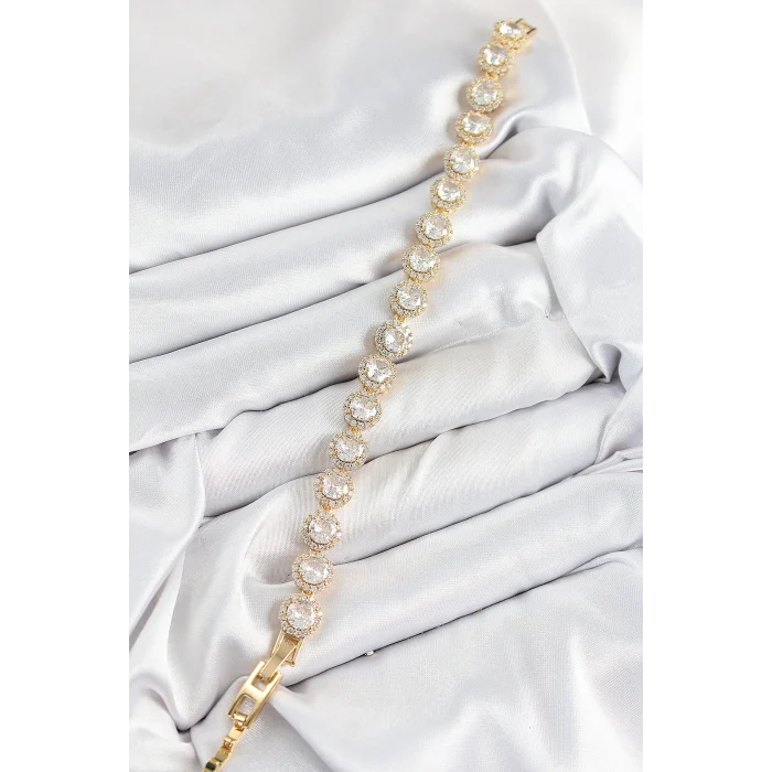 Pirinç Zirkon Taşlı Daire Baget Model Gold Renk VIP Seri Kadın Bileklik