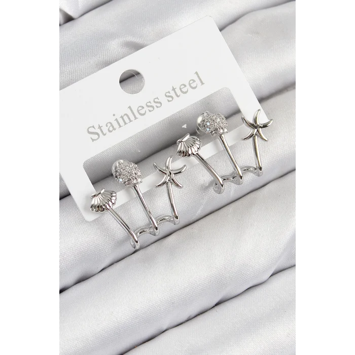 Pirinç Zirkon Taşlı Deniz Yıldızı ve İstiridye Model Gümüş Renk Kadın Küpe