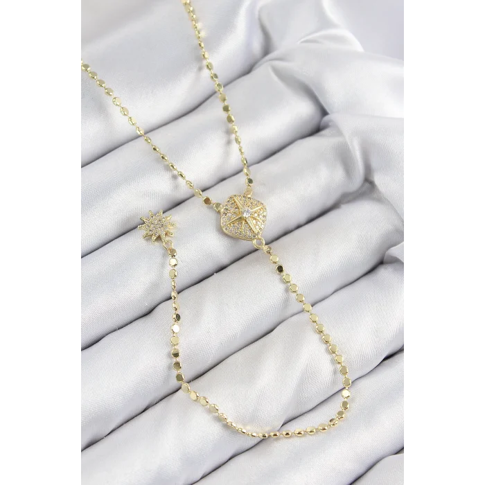 Pirinç Zirkon Taşlı Ezme Zincirli Madalyon Model Gold Renk Y Kolye