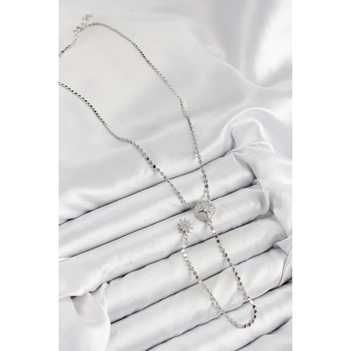 Pirinç Zirkon Taşlı Ezme Zincirli Madalyon Model Gümüş Renk Y Kolye