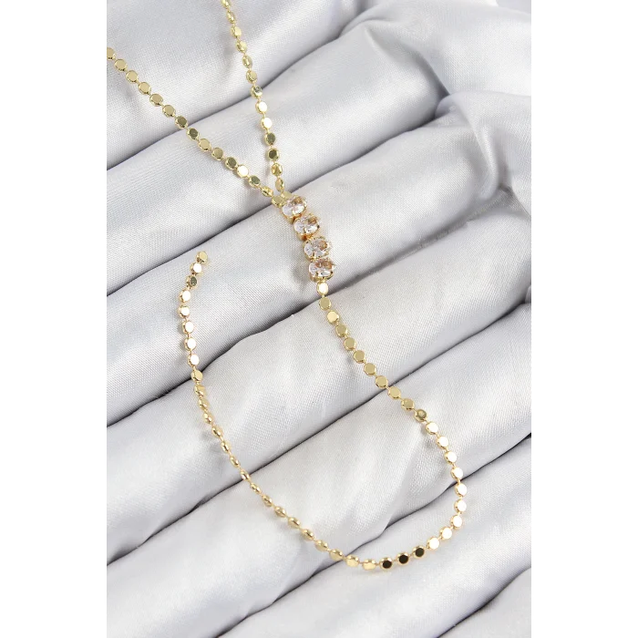 Pirinç Zirkon Taşlı Ezme Zincirli Model Gold Renk Y Kolye