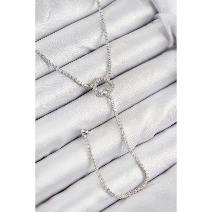 Pirinç Zirkon Taşlı Kalp Model Gümüş Renk  Y Kolye