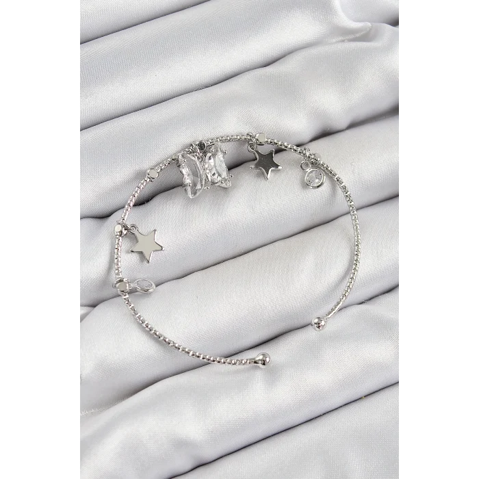 Pirinç Zirkon Taşlı Kelebek Ve Yıldız Model Gümüş Renk Charm Bileklik