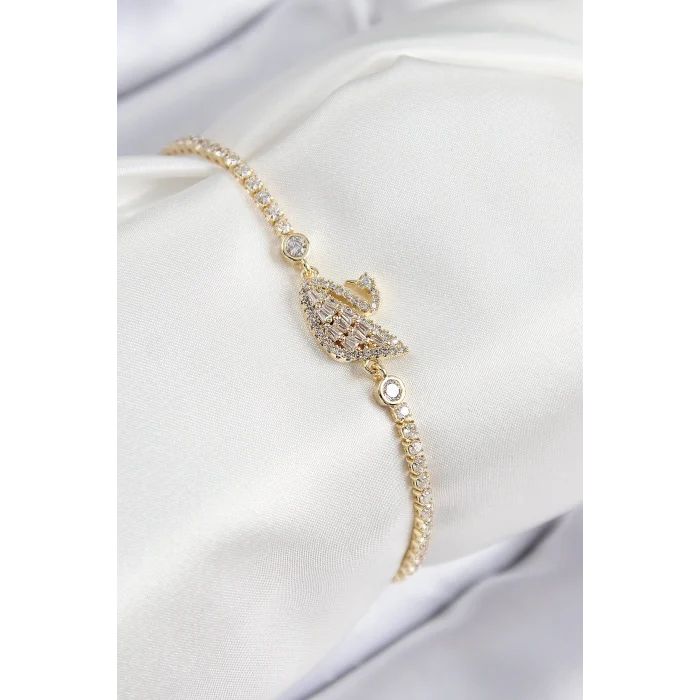 Pirinç Zirkon Taşlı Kuğu Model Gold Renk Kadın Bileklik