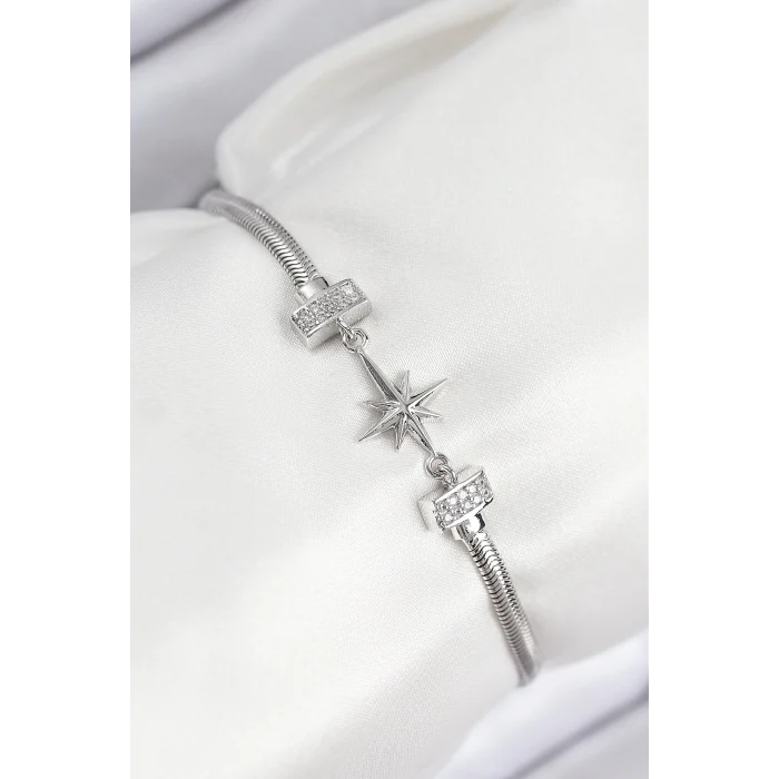 Pirinç Zirkon Taşlı Kutup Yıldızı Model Gümüş Renk Kadın Bileklik