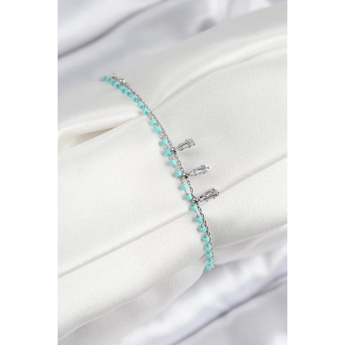 Pirinç Zirkon Taşlı Mavi Boncuklu Model Gümüş Renk Kadın Bileklik