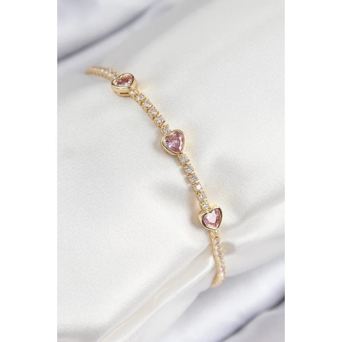 Pirinç Zirkon Taşlı Pembe Kalp Model Gold Renk Kadın Bileklik