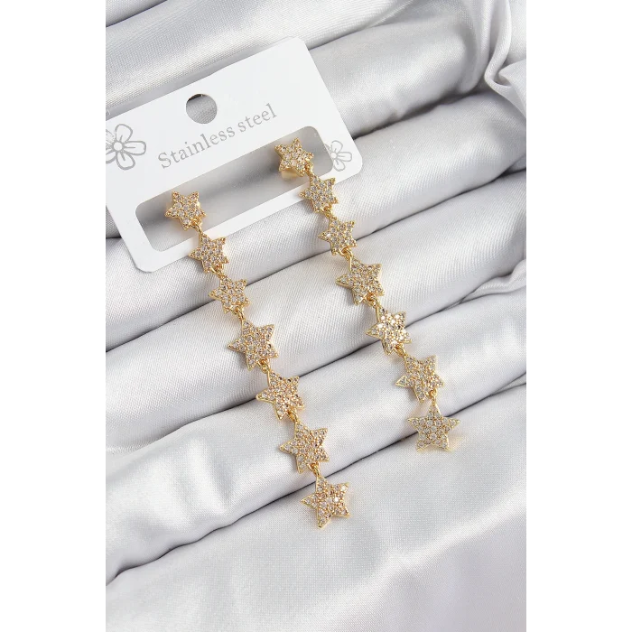 Pirinç Zirkon Taşlı Sallantılı Yıldız Model Gold Renk Kadın Küpe