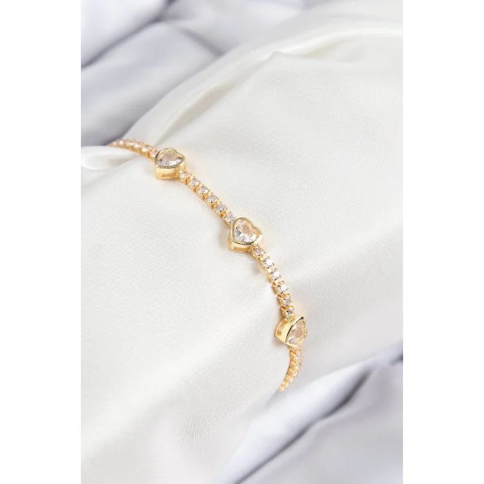Pirinç Zirkon Taşlı Sıralı Kalp Model Gold Renk Kadın Bileklik