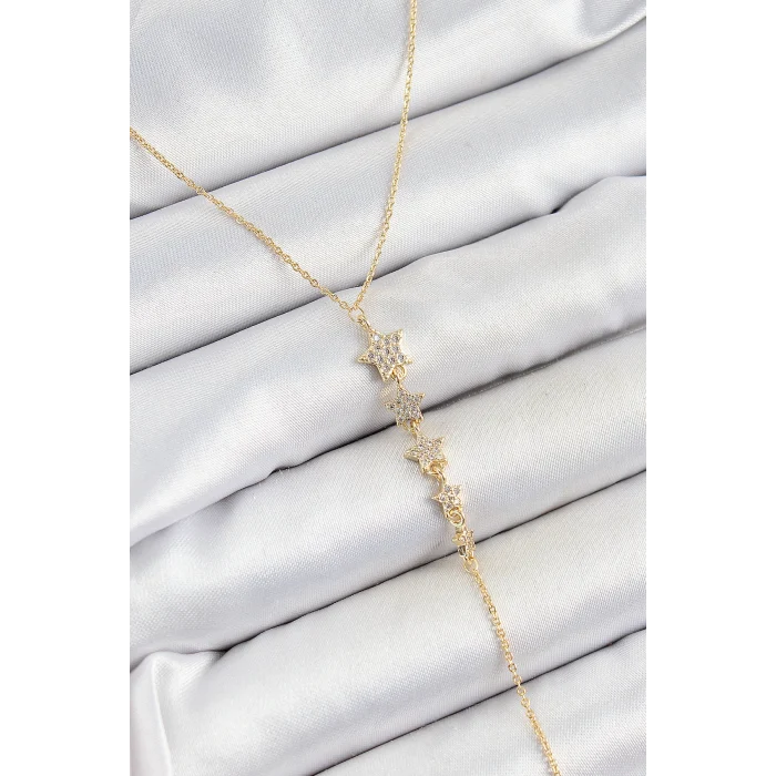 Pirinç Zirkon Taşlı Sıralı Yıldız Figürlü Y Model Gold Renk Kadın Kolye