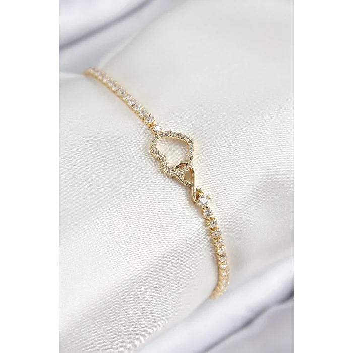 Pirinç Zirkon Taşlı Sonsuzluk Kalp Model Gold Renk Kadın Bileklik