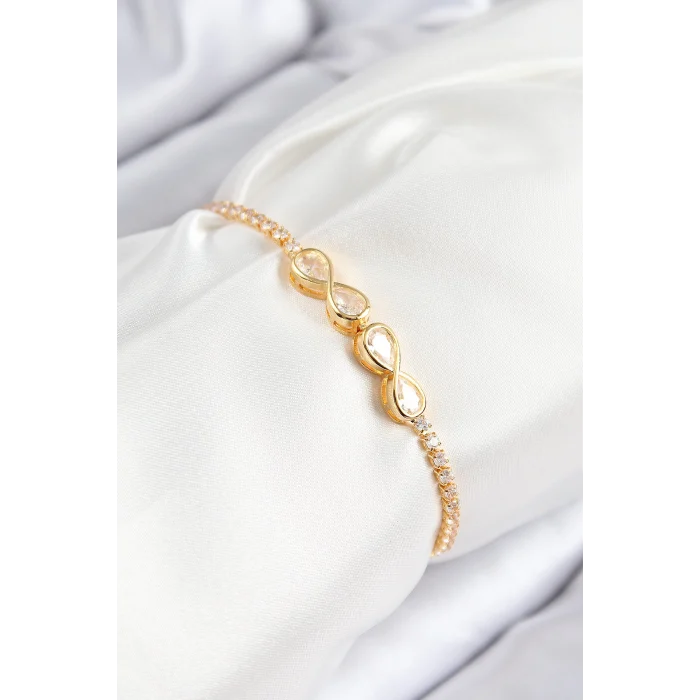 Pirinç Zirkon Taşlı Sonsuzluk Model Gold Renk Asansörlü Kadın Bileklik