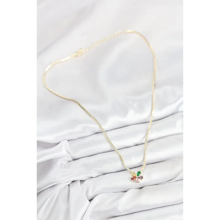 Pirinç Zirkon Taşlı Su Yolu Asorti Çiçek Model Gold Renk Kadın Kolye