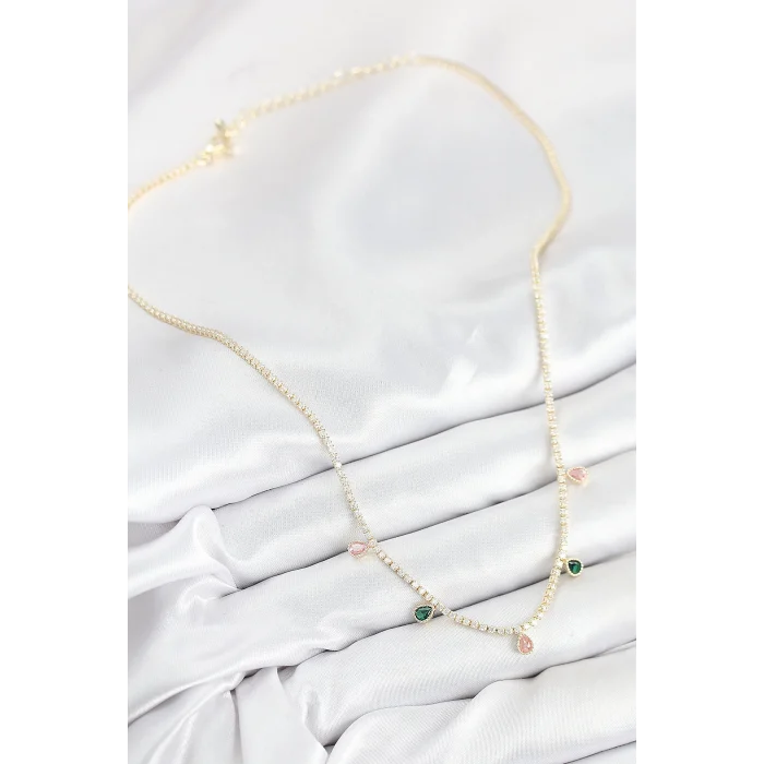 Pirinç Zirkon Taşlı Su Yolu Damla Model Gold Renk Kadın Kolye