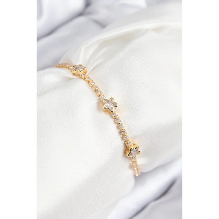 Pirinç Zirkon Taşlı Yıldız Model Gold Renk Asansörlü Kadın Bileklik