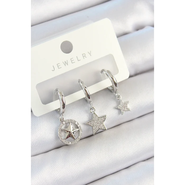 Pirinç Zirkon Taşlı Yıldız Model Gümüş Renk 3lü Çift Kadın Küpe Set