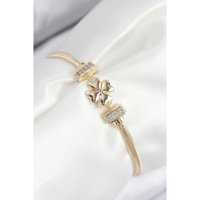 Pirinç Zirkon Taşlı Yonca Model Gold Renk Kadın Bileklik