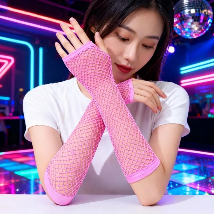 Retro Neon Pembe File Parmaksız Eldiven 26 cm