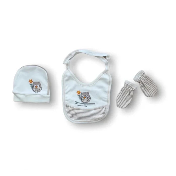 Luz&Pos Romantik Çift Baykuş Nakışlı  5li Zıbın Takımı Hastane Çıkışı Ekru