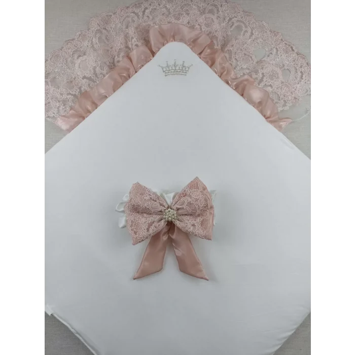 Luz&Pos Sahra Taç Nakışlı İnci Ve Dantel Fiyonklu Çift Dantel Duvaklı Trilüks Kundak Bebek Battaniyesi Gül Kurusu