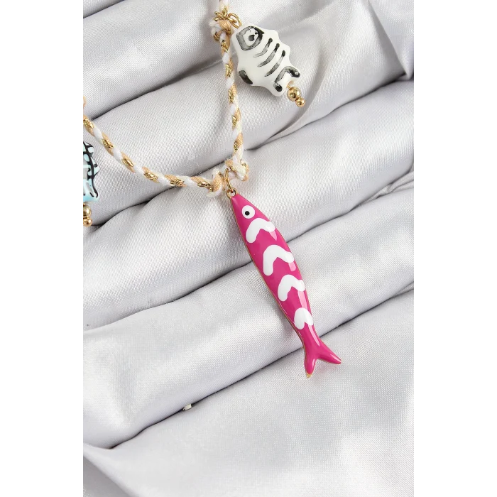 Seramik Motifli Pembe Balık Figürlü Model Krem İp Kadın Kolye