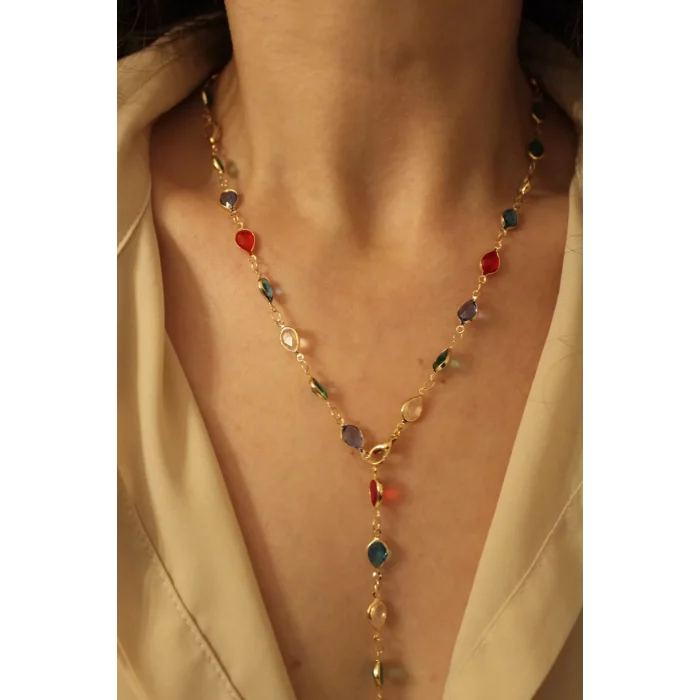 Shyla Uzun Zincirli Ayarlanabilir Renkli Taşlı Kolye