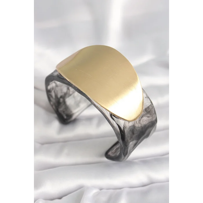 Siyah Mermer Desen Akrilik Plastik Gold Oval Plaka Model Vintage Kadın Bilezik