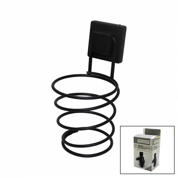 Siyah - Metal Fönlük Fön Makine Askısı Kare Macun Yapışkanlı10x11x15cm