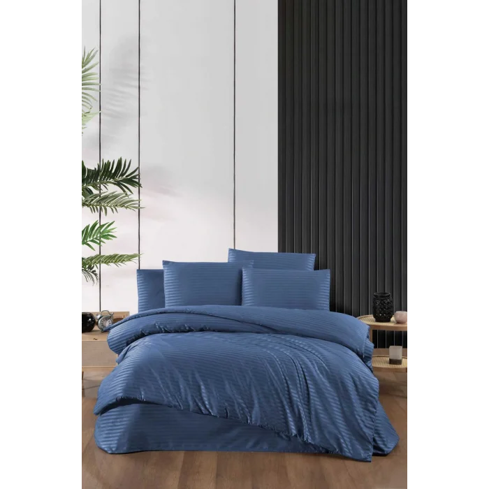 Stripe Saten Line Çift Kişilik Nevresim Takımı  İndigo